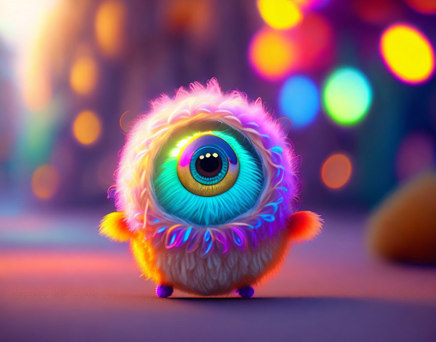 Colorful Fluffy Creature with Large Eye and Smiling Face in Bokeh Light Background