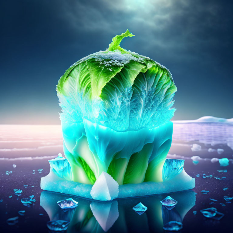 Cabbage and iceberg fusion in illuminated twilight scene