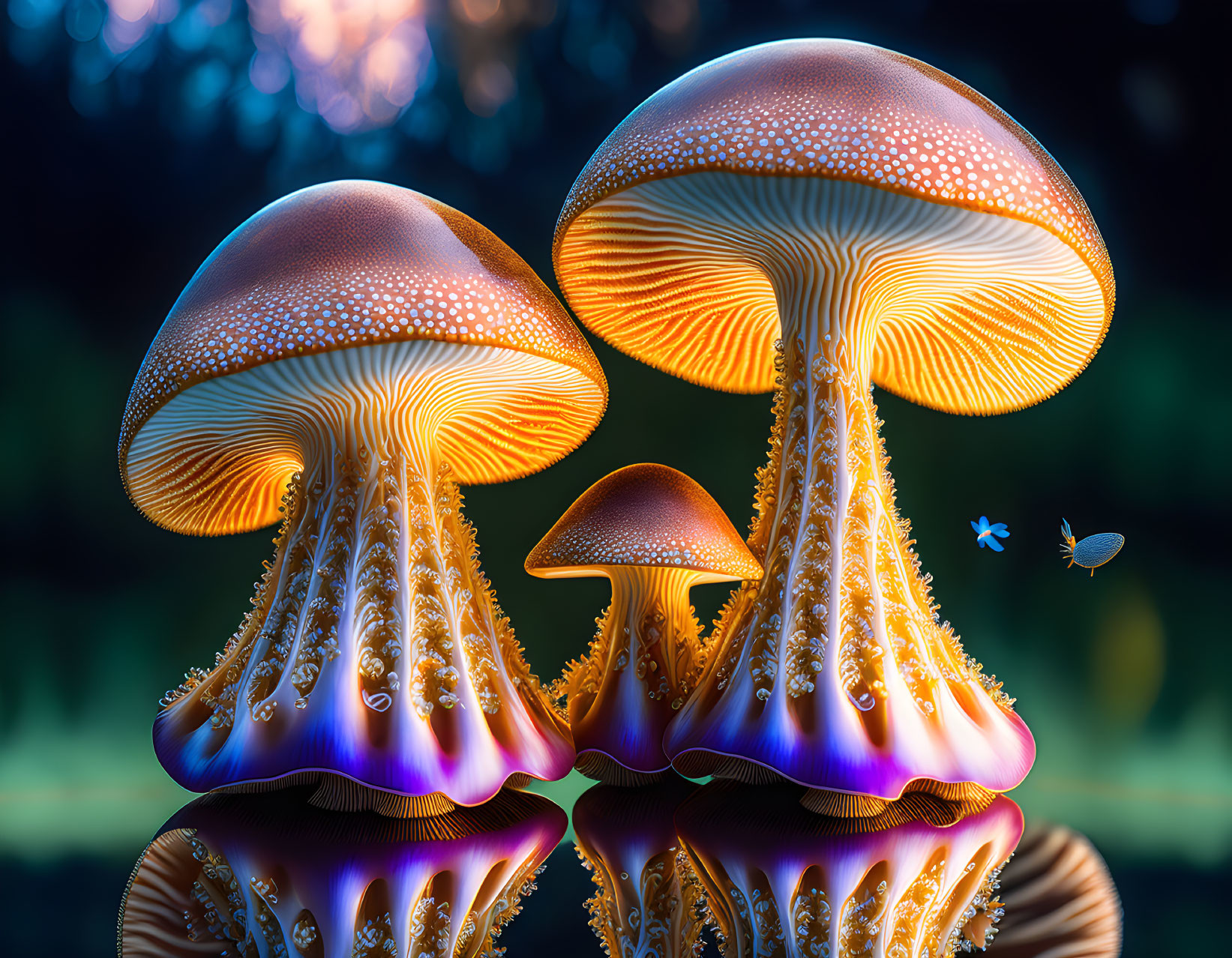 Fantastical Mushrooms with Vibrant Colors and Illuminated Gills