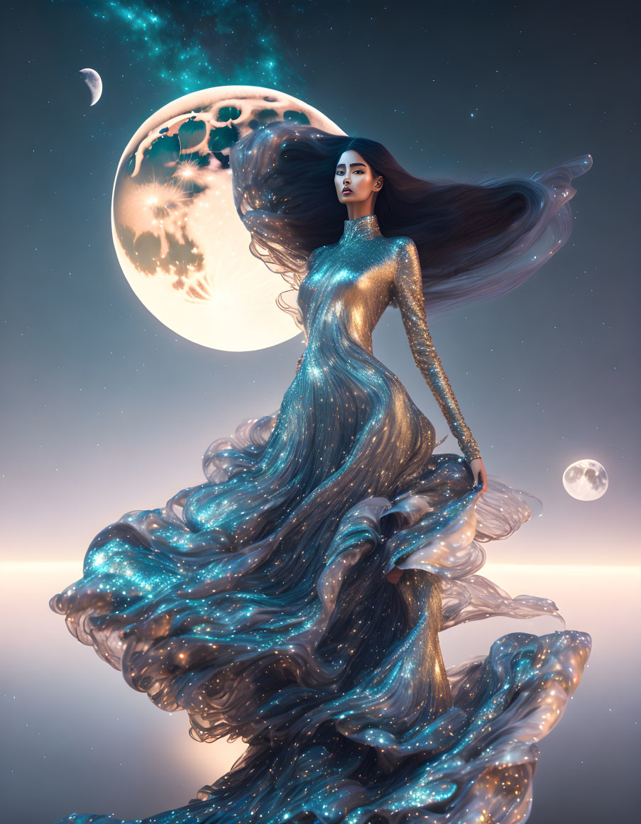 Woman in Galaxy Gown with Flowing Hair and Moon Background