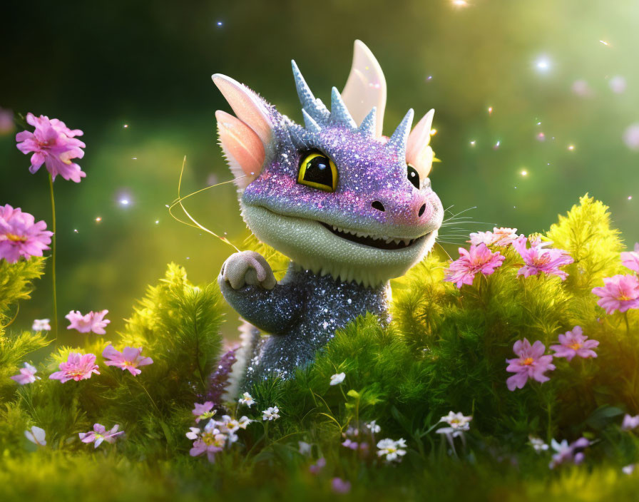 Animated dragon in purple and blue with pink flowers and green foliage