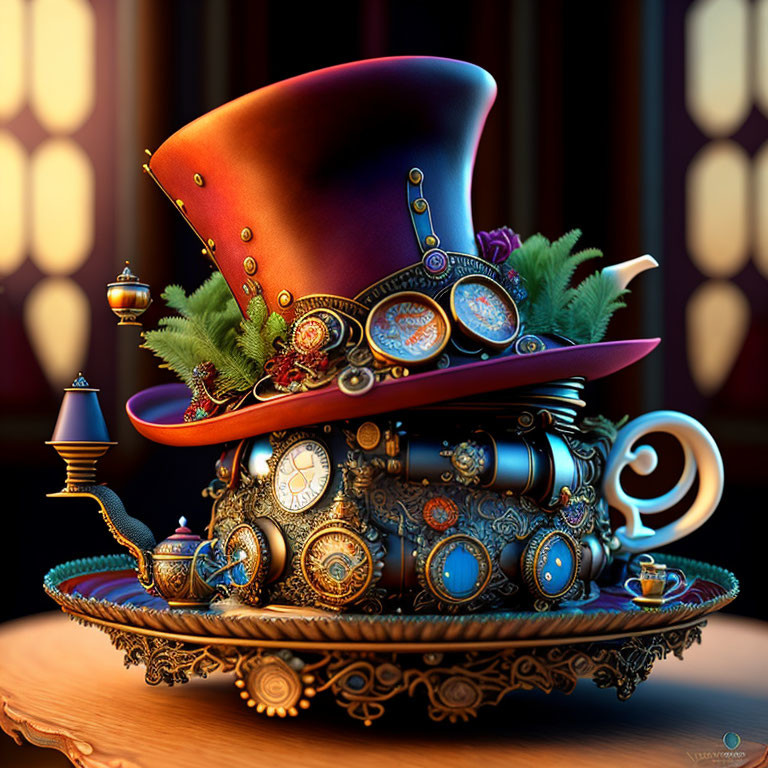 Steampunk-themed top hat with gears, clocks, and tray with teacup