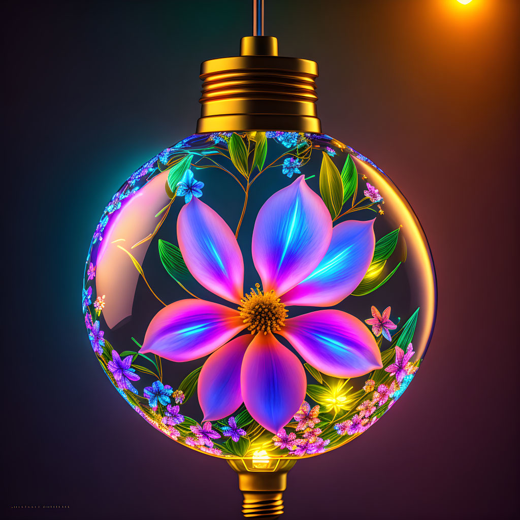 Colorful digital artwork: Glass orb with glowing flower on gradient background