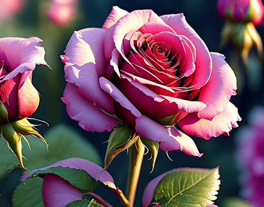 Vibrant pink rose with red hints among green leaves and soft-focus background