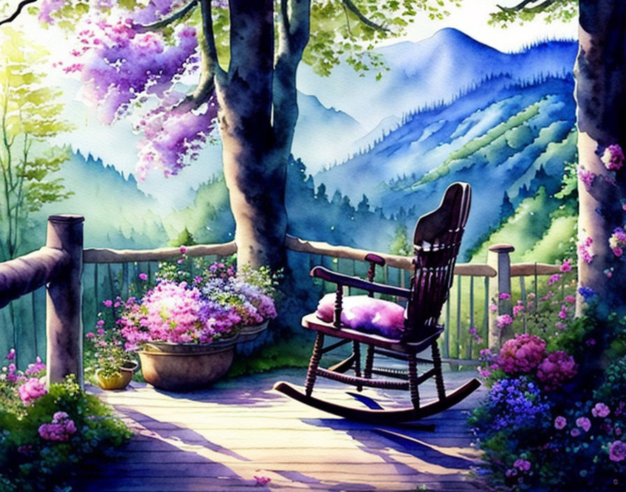 Tranquil garden scene with rocking chair, blooming flowers, lush trees, and distant mountains