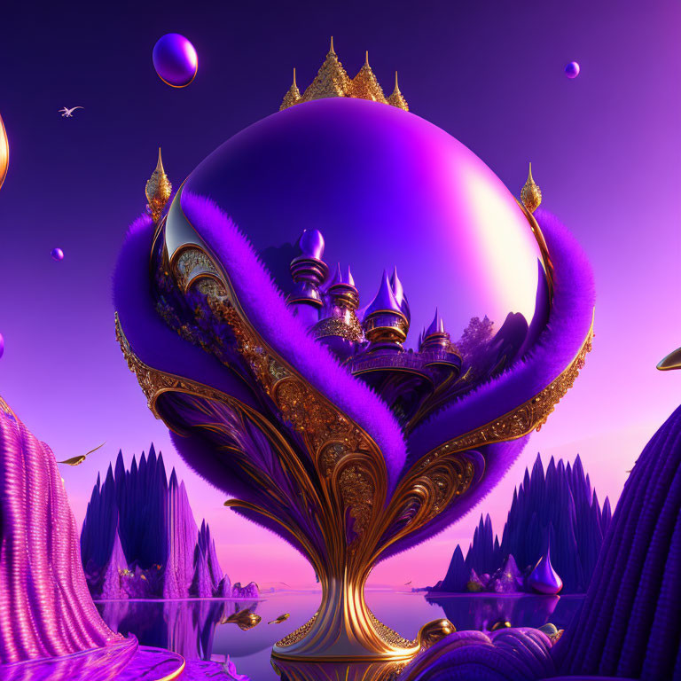 Purple and Gold Ornate Goblet Structure in Surreal Landscape