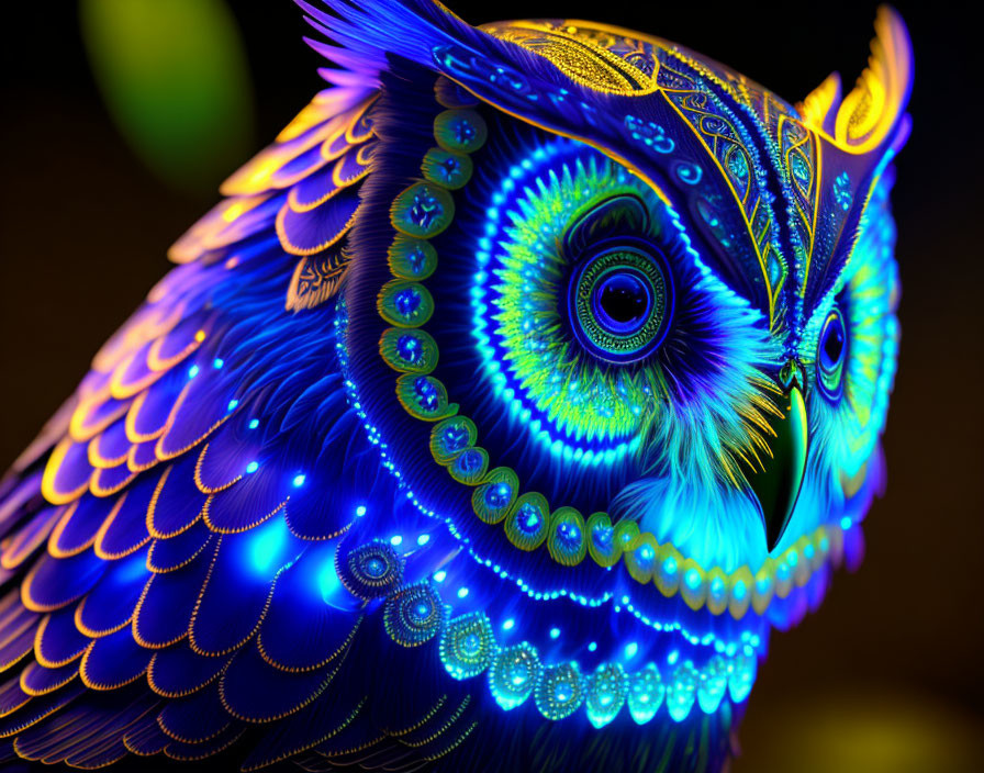 Detailed Owl Artwork with Blue and Gold Patterns and Neon Glow