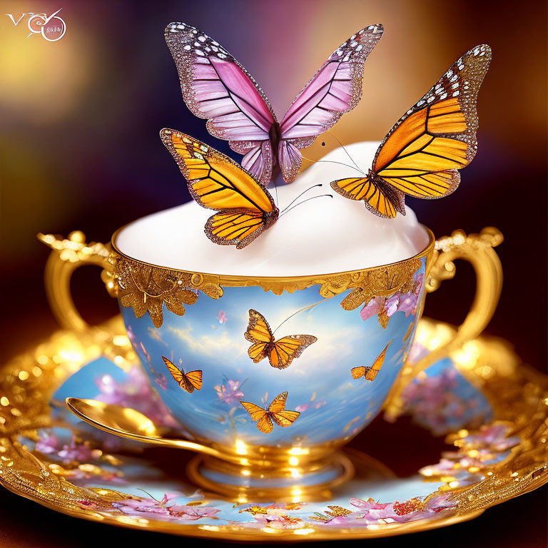 Porcelain teacup set with blue sky and golden floral design, foam cloud, and colorful butterflies