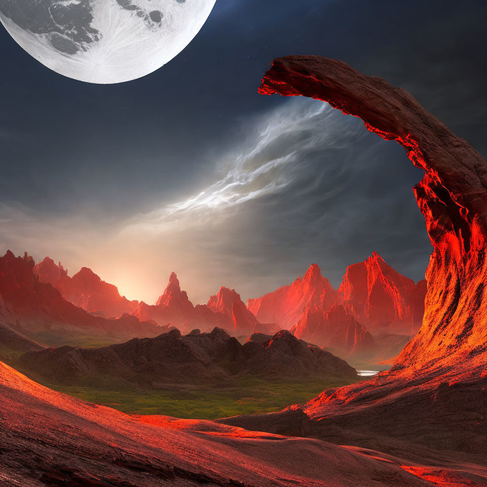 Glowing red arch in dramatic twilight landscape with moon and mountains