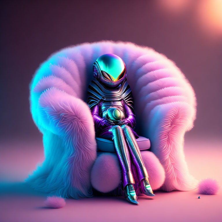 Futuristic robotic figure in pink chair with illuminated edges