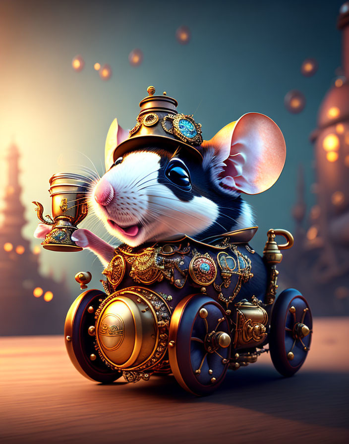 Steampunk-style mouse with golden ornaments and gears in fantasy scene