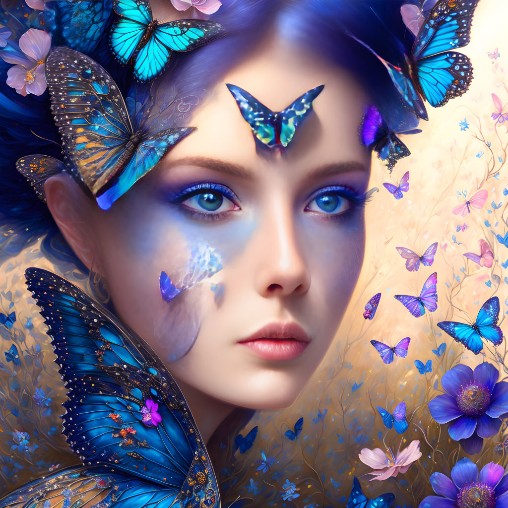 Portrait of woman with blue butterflies and floral backdrop.