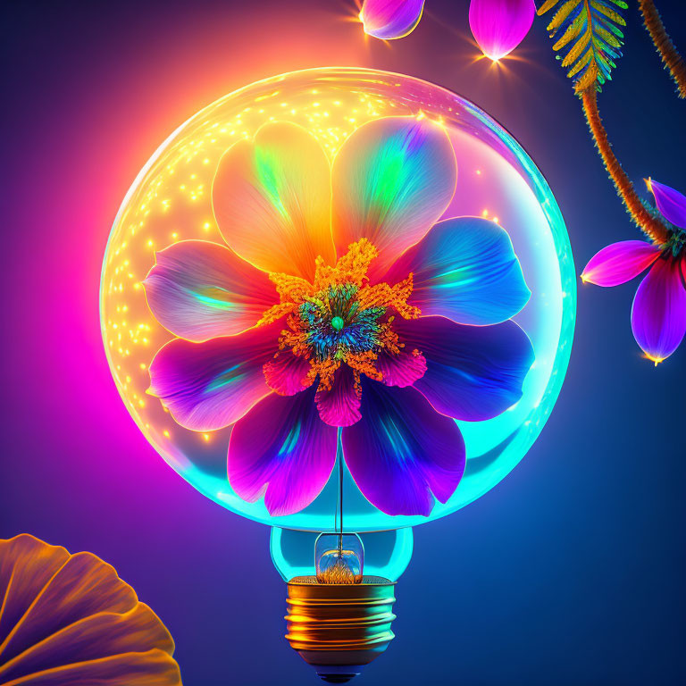 Colorful digital artwork of lightbulb with glowing neon flower on dark background