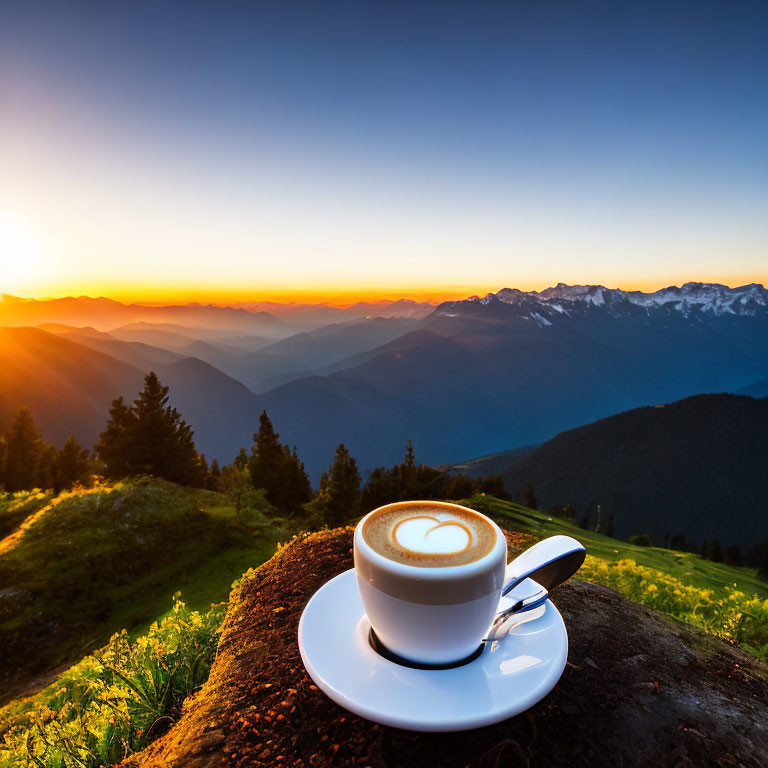 Coffee cup with heart foam art on saucer against sunrise mountain range