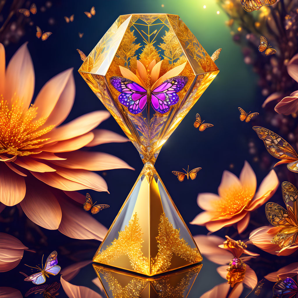 Intricate golden hourglass with orange flowers and purple butterflies