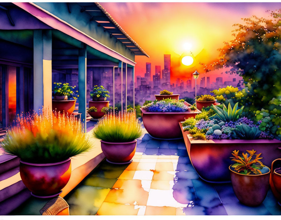 Colorful City Balcony Garden Painting at Sunset with Overflowing Planters