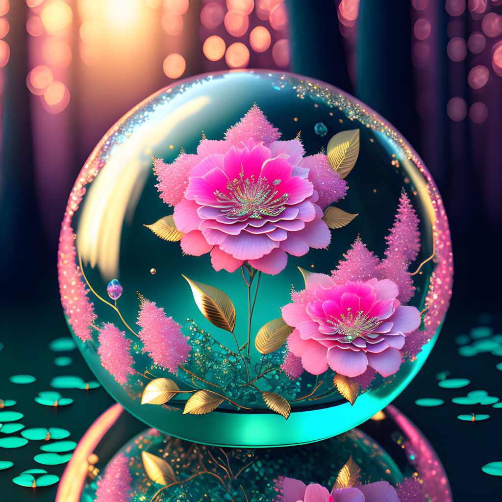 Crystal ball with pink flowers and golden leaves in mystical forest setting