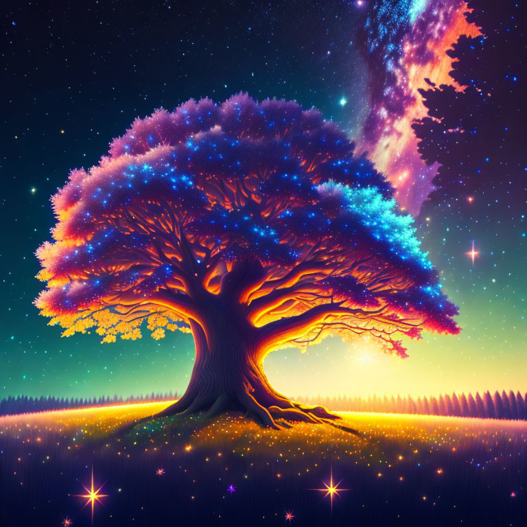 Colorful digital artwork: Mystical tree under starry sky