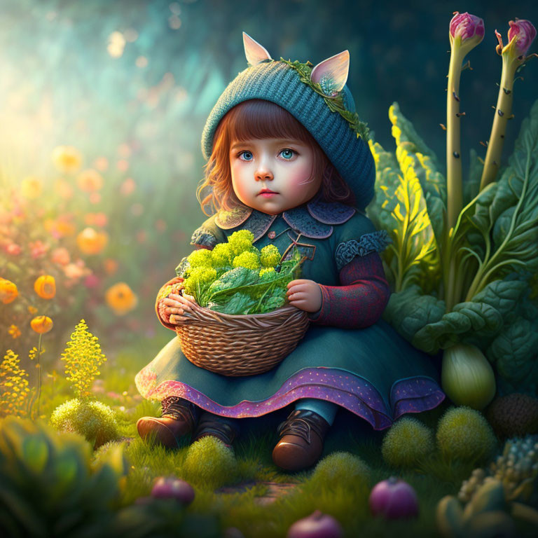 Child in whimsical hat surrounded by lush plants and yellow flowers in enchanting garden.