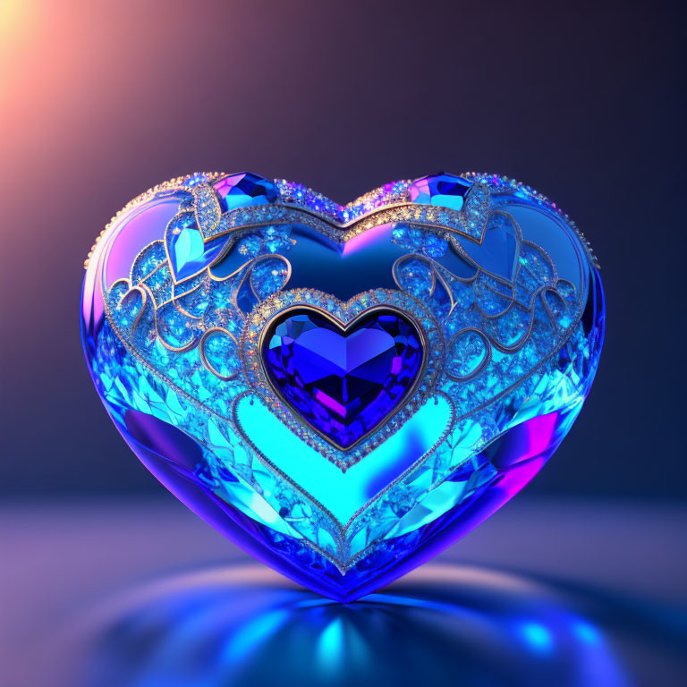 Blue Crystal Heart with Filigree Details on Gradient Background