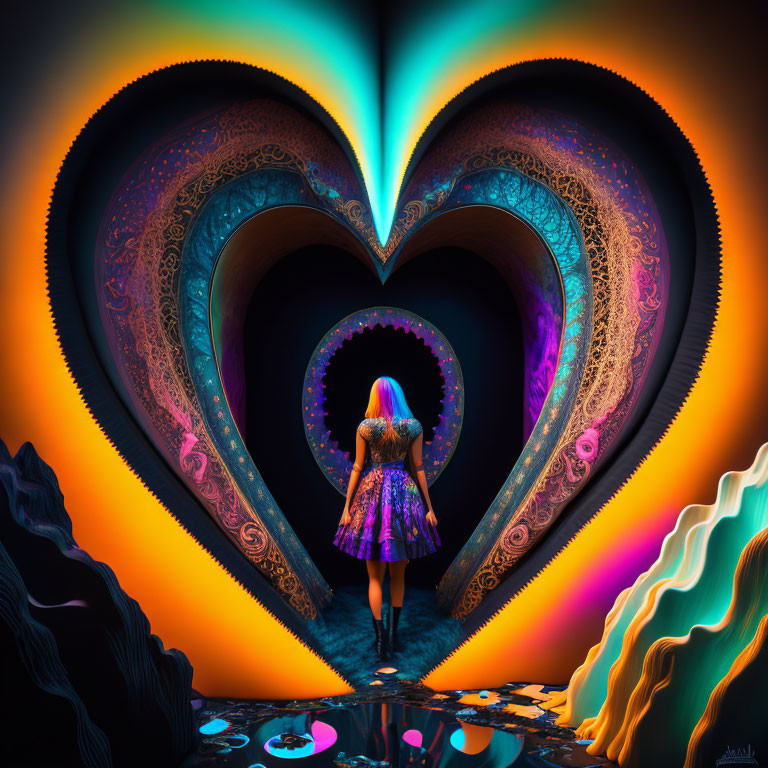 Woman in purple dress in front of vibrant heart-shaped fractal portal on glossy floor