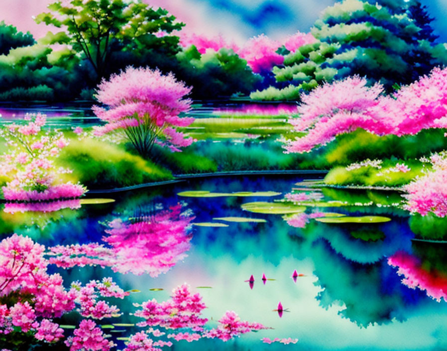 Colorful Painting of Serene Landscape with Pink Flowering Trees, Greenery, and Reflective Lake