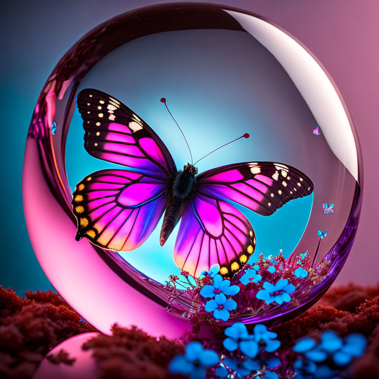 Colorful Butterfly in Bubble with Pink and Black Wings on Crimson Foliage against Teal Background