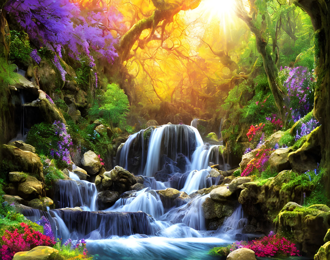 Colorful Forest Glade with Vibrant Waterfall and Lush Foliage