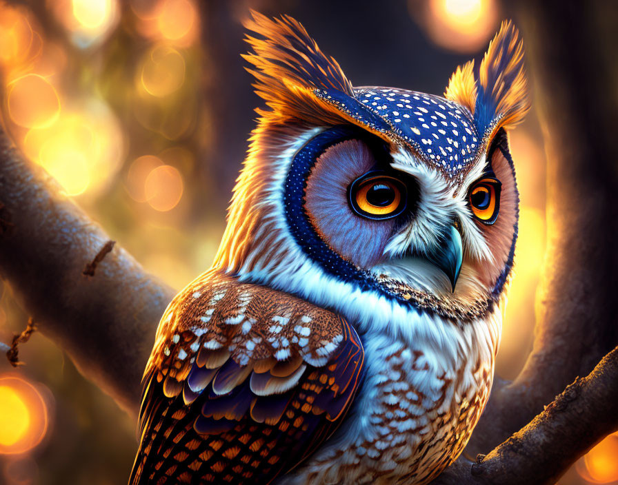 Colorful Stylized Owl Perched on Branch with Glowing Lights