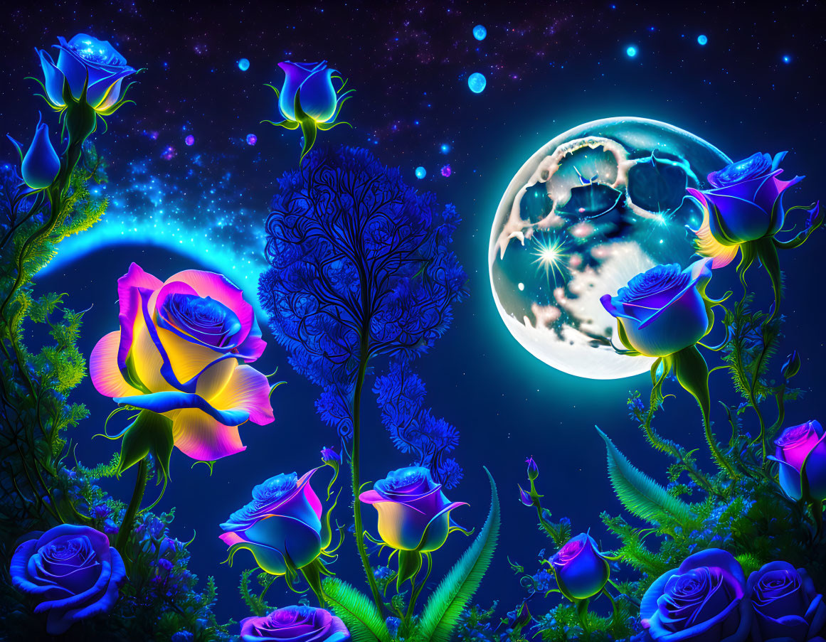 Multicolored roses, luminescent tree, and detailed moon in fantasy landscape