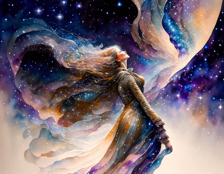 Illustration of woman merging with starry night sky