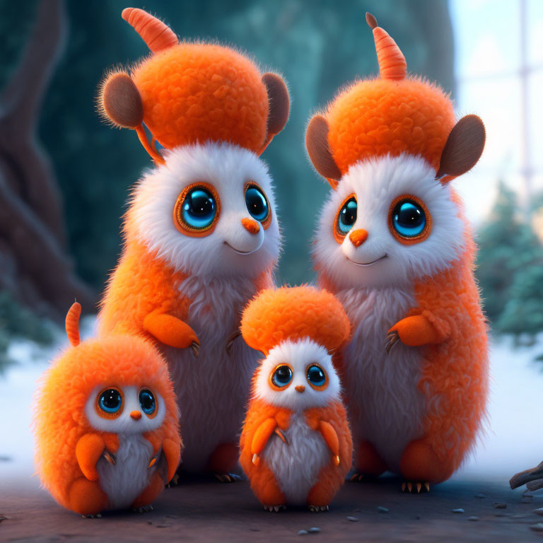 Four fluffy orange creatures with large eyes in forest setting