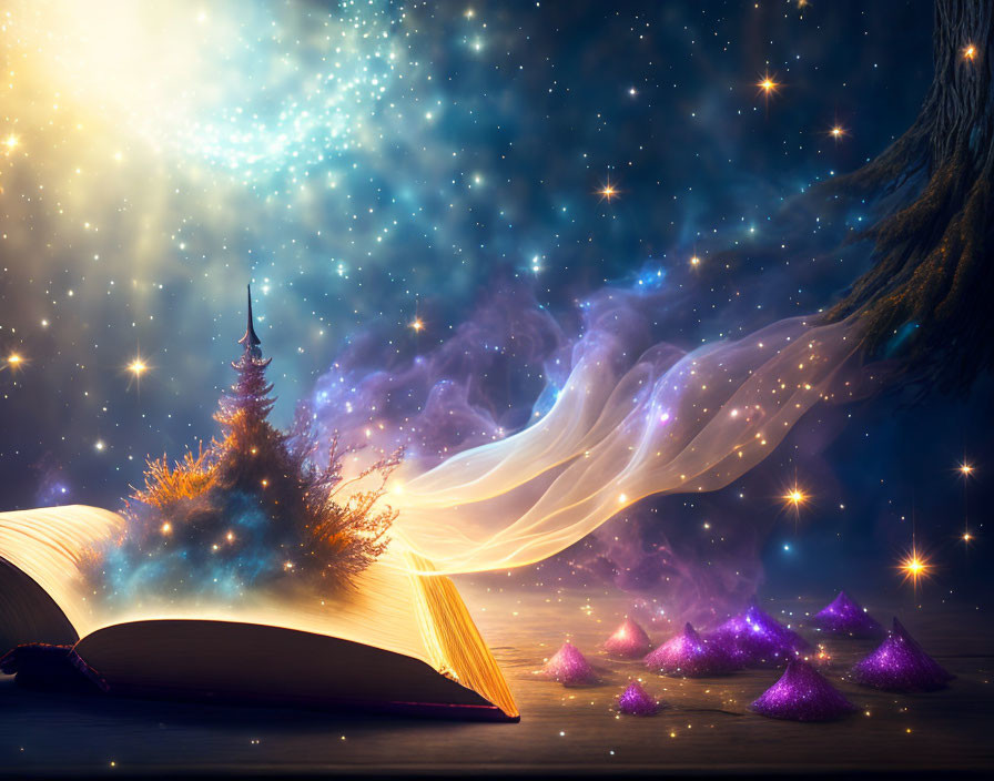 Magical tree growing from open book in cosmic setting