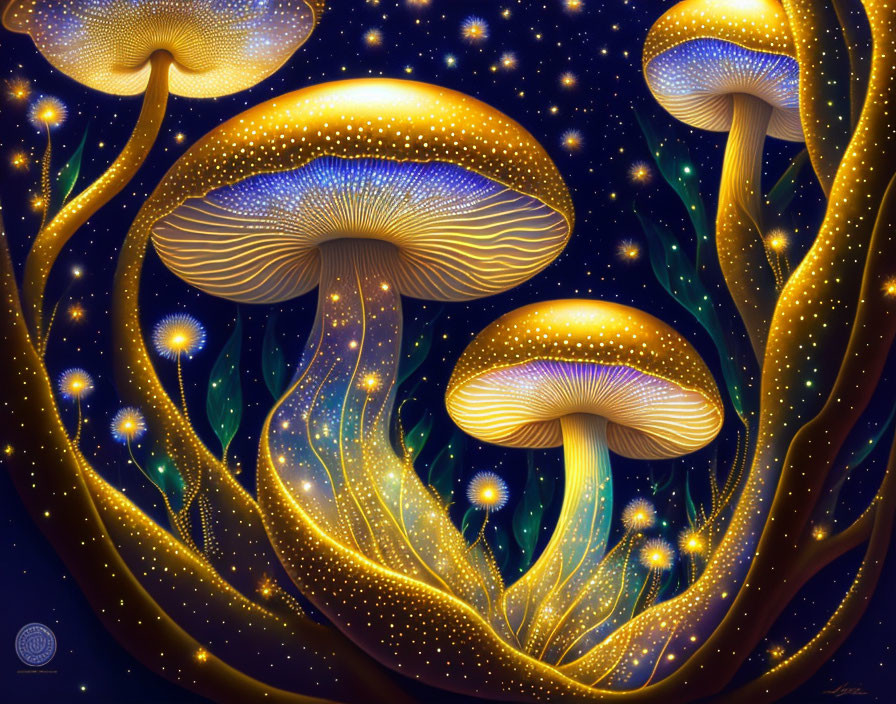 Fantastical glowing mushrooms on midnight blue background