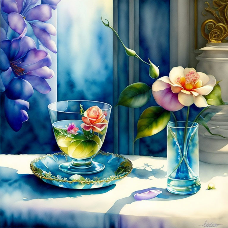 Colorful painting of transparent cup, rose motif, plate, vase with flower, window curtains, and