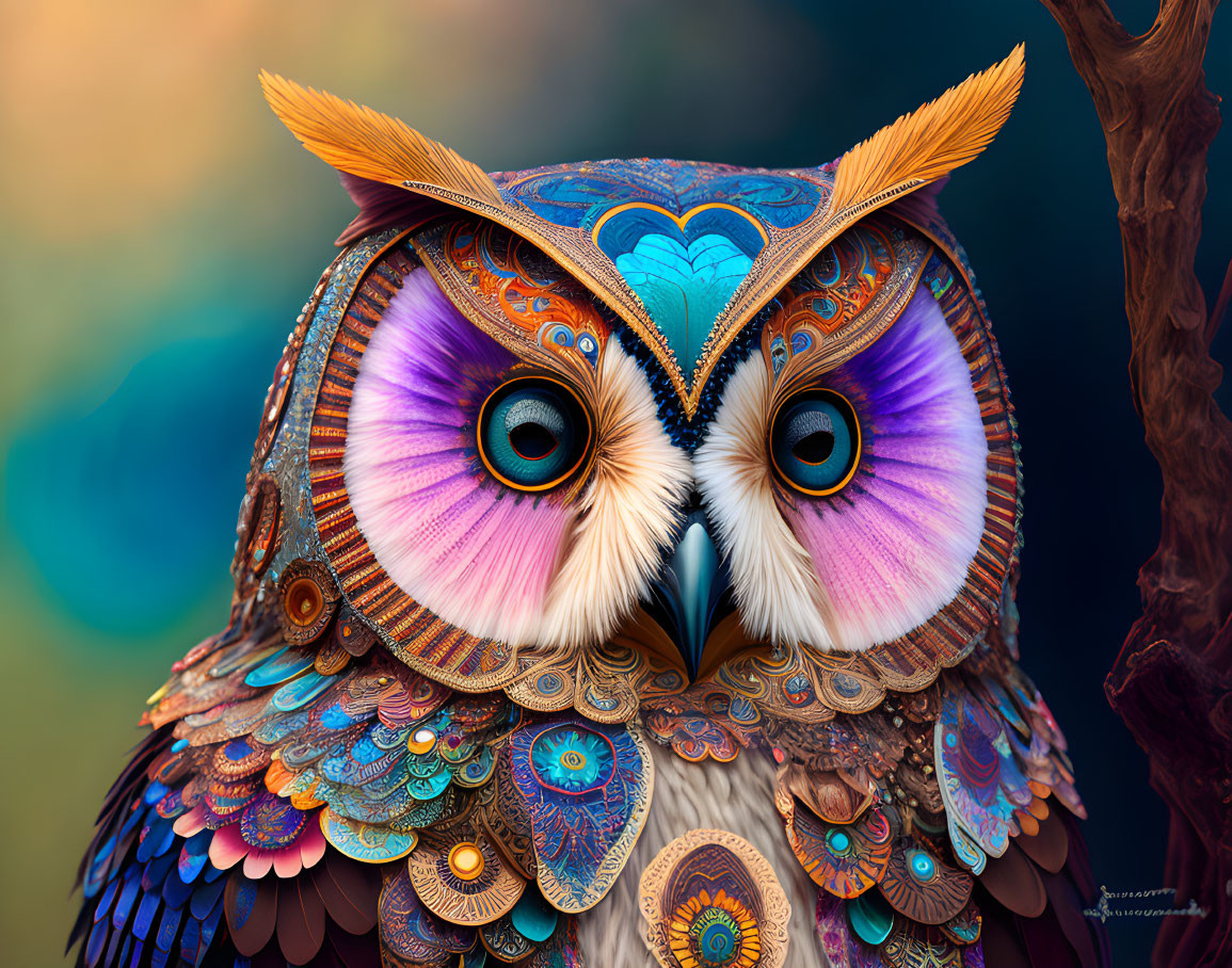 Vibrant owl digital artwork with colorful feathers and expressive eyes