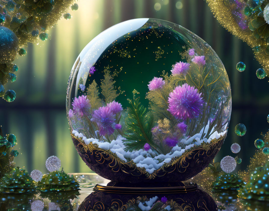 Snow globe with purple flowers and mystical forest backdrop