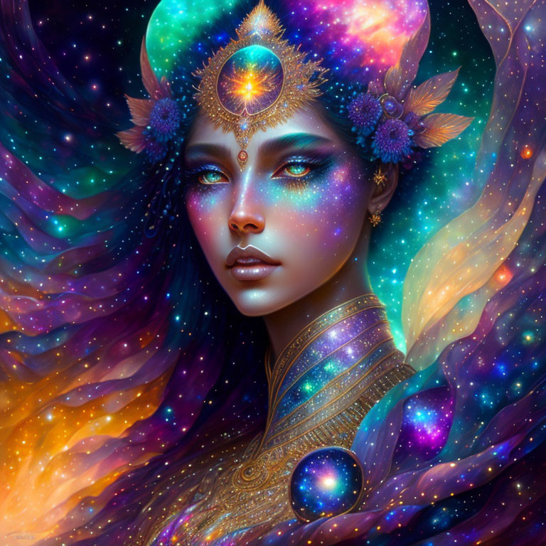 Cosmic-themed mystical figure with galaxy makeup and nebula aura