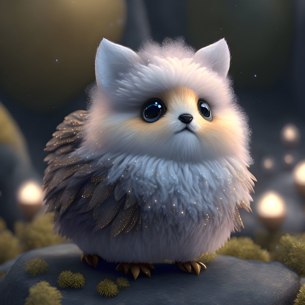 Fluffy round mythical creature with big eyes on rock at twilight