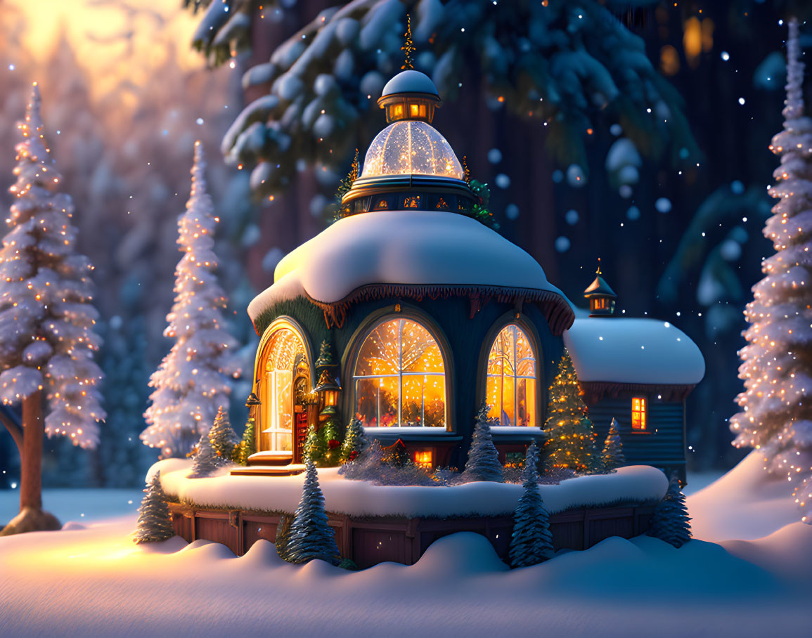 Snow-covered cottage surrounded by pine trees in twilight snowfall.