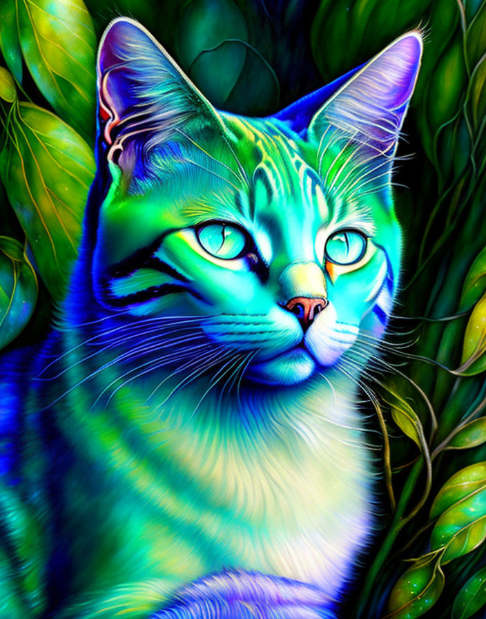 Colorful digital artwork: Cat with blue, green, and purple coat among leaves