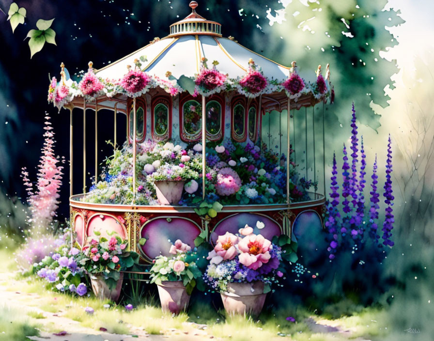 Colorful Flower-Adorned Carousel in Serene Garden