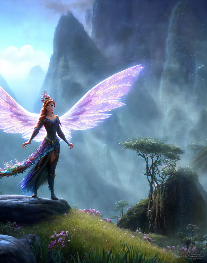 Majestic fairy with pink wings in mystical forest