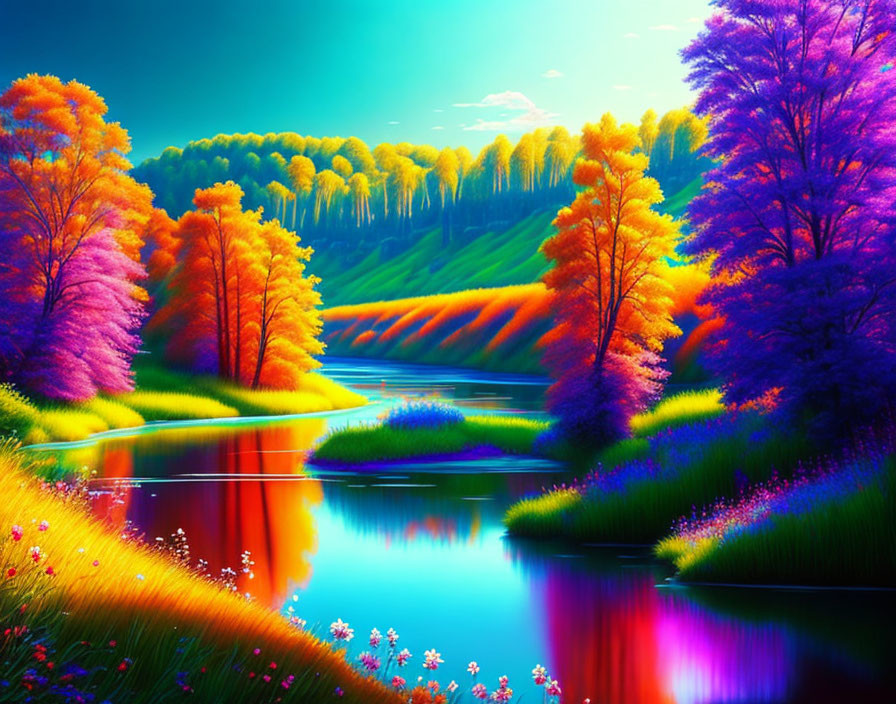 Colorful Landscape with Trees, River, Hills, and Flowers