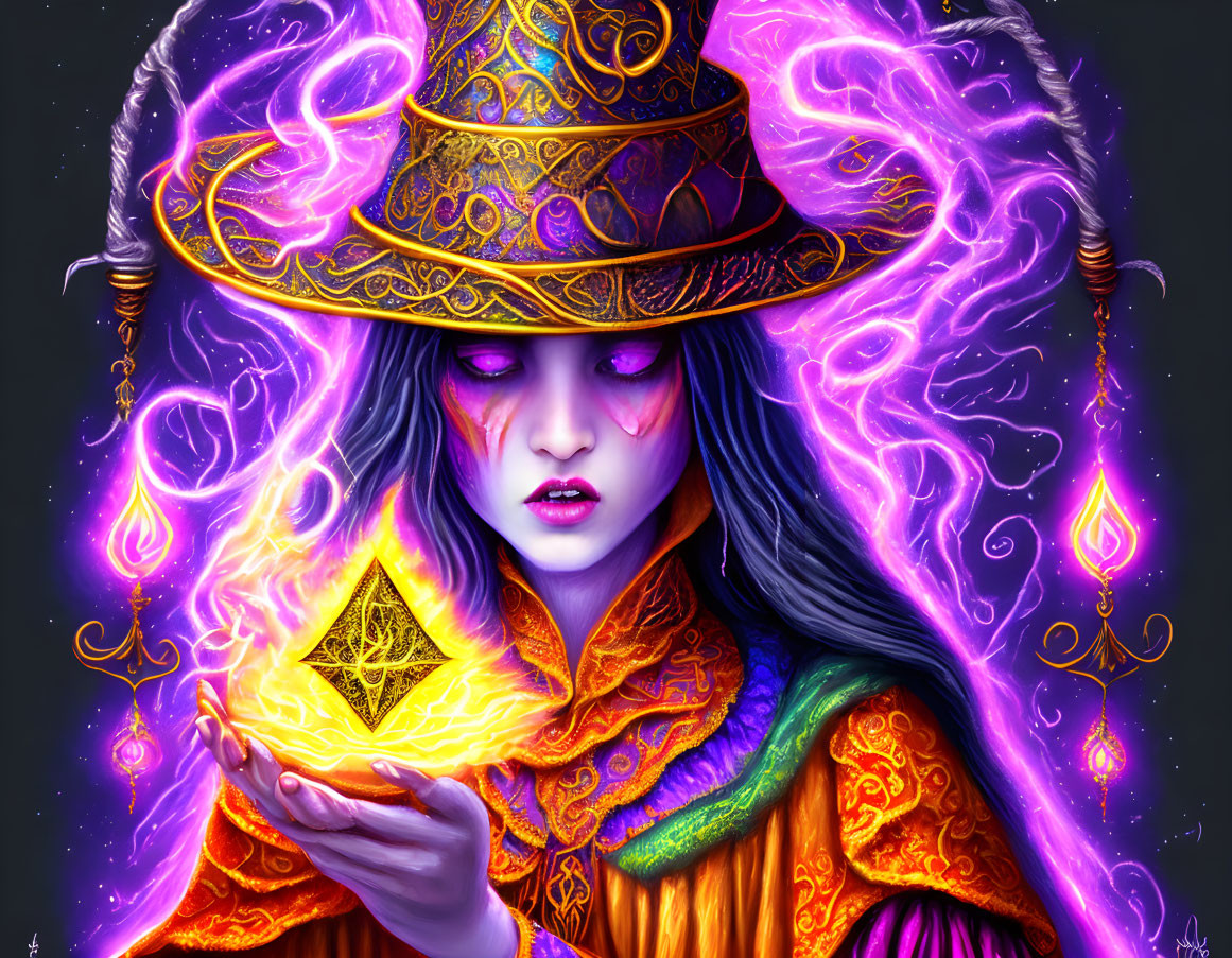 Violet-skinned witch in orange robe conjures golden cube in purple flames