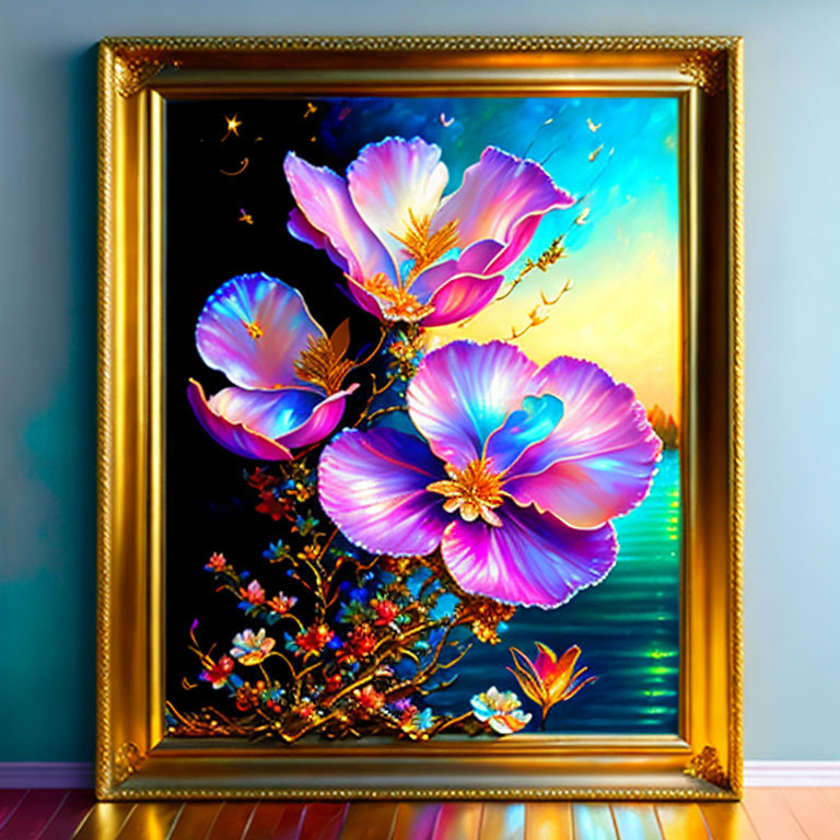 Blue and Purple Flowers with Butterflies Painting in Gold Frame on Sunrise Gradient Background in Blue Room