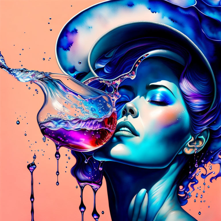 Surreal digital artwork: Woman with blue skin in colorful, liquid-filled scene