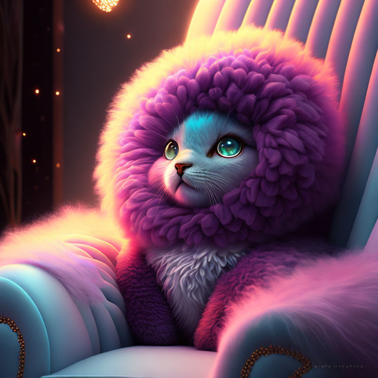 Fluffy cat with purple mane and blue eyes by window with star lights