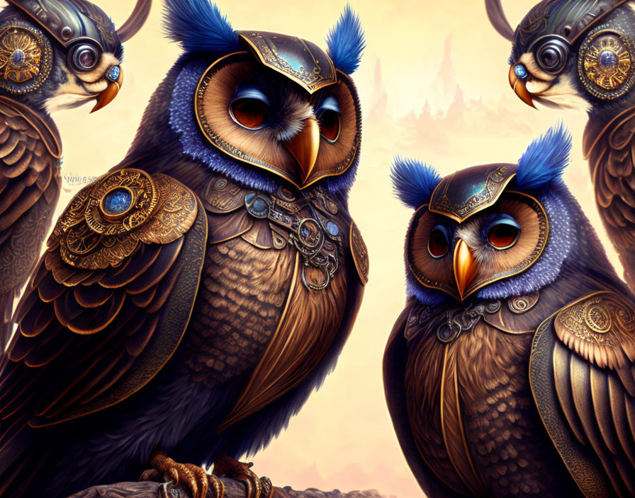 Stylized steampunk owls in metal armor on warm background