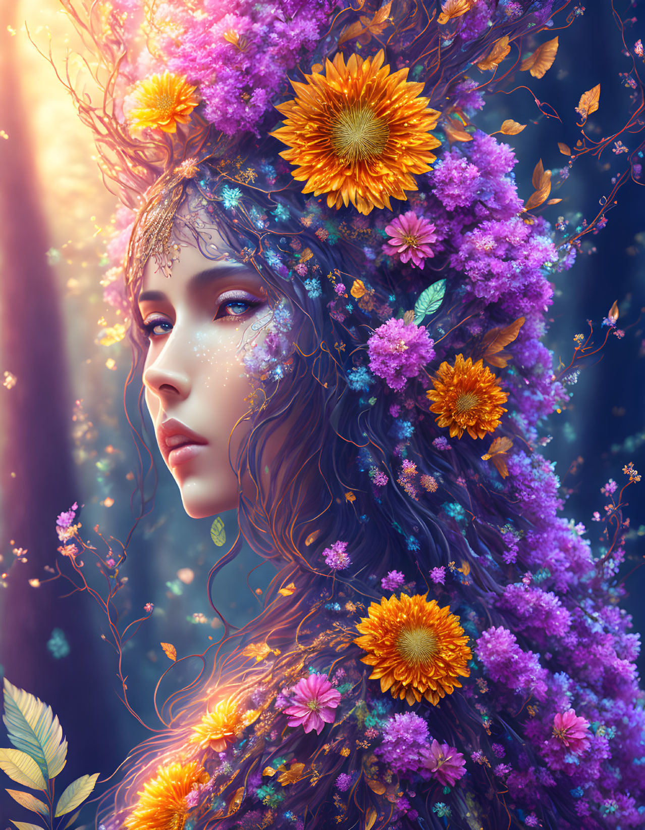 Fantastical portrait of a woman with vibrant floral adornments